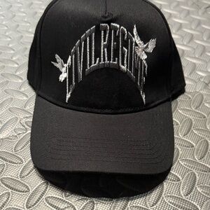 Black Embroidered Baseball Cap with Arched Text and Dove Motifs